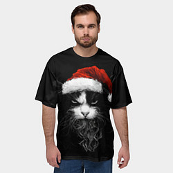 Футболка оверсайз мужская Суровый кот в новогодней шапке - нейросеть, цвет: 3D-принт — фото 2