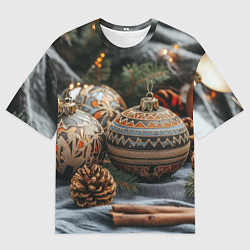 Футболка оверсайз мужская Новогодние шары и шишки, цвет: 3D-принт