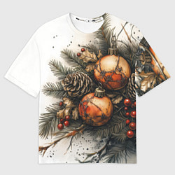 Мужская футболка оверсайз Новогодние игрушки и шишки