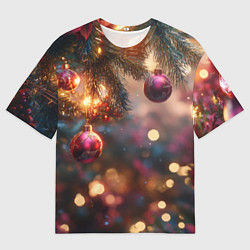 Мужская футболка оверсайз Фиолетовые новогодние шары