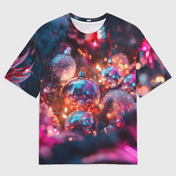 Футболка оверсайз мужская Новогодние шары и фиолетовые блески, цвет: 3D-принт