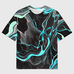 Мужская футболка оверсайз Голубые флюиды на чёрном фоне