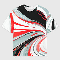Мужская футболка оверсайз Волнистые бело-красные линии на чёрном фоне