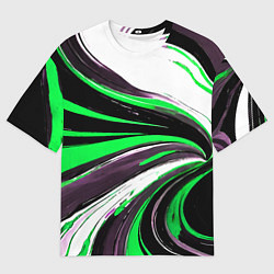 Футболка оверсайз мужская Волнистые чёрно-зелёные линии на белом фоне, цвет: 3D-принт
