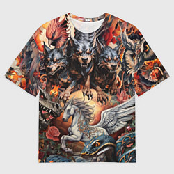Мужская футболка оверсайз Мифические существа в стиле татуировки Ирезуми