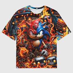 Мужская футболка оверсайз Соник и Наклз на фоне огня и роботов