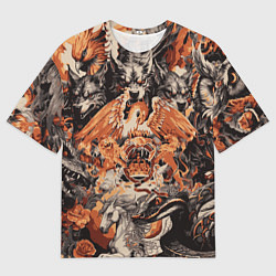 Футболка оверсайз мужская Логотип Queen на фоне мифических животных, цвет: 3D-принт