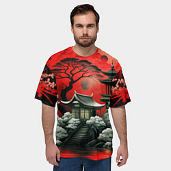 Футболка оверсайз мужская Пейзаж Японии в красном цвете, цвет: 3D-принт — фото 2