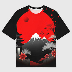 Мужская футболка оверсайз Японская гора и красная луна