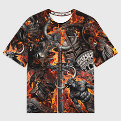 Мужская футболка оверсайз Гладиатор и минотавр на фоне огня мечей и щитов