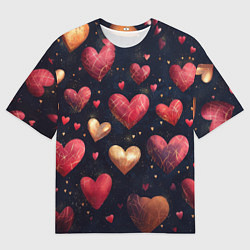 Мужская футболка оверсайз Красные и золотые сердечки
