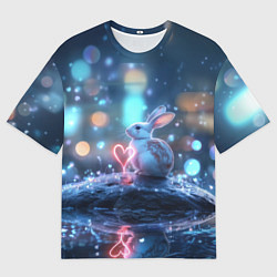 Футболка оверсайз мужская Заяц с неоновым сердцем 14 февраля, цвет: 3D-принт