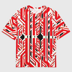 Мужская футболка оверсайз Бело-красные техно полосы на чёрном фоне