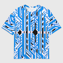 Футболка оверсайз мужская Бело-синие техно полосы на чёрном фоне, цвет: 3D-принт