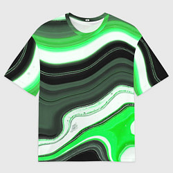 Футболка оверсайз мужская Волнистые горизонтальные чёрно-зелёные полосы на б, цвет: 3D-принт