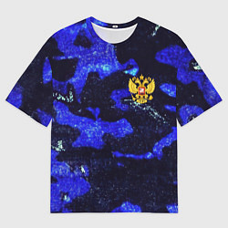 Мужская футболка оверсайз Синий потертый камуфляж и герб РФ