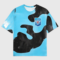 Мужская футболка оверсайз Черно-зеленый камуфляж и герб РФ