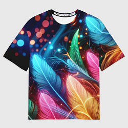Футболка оверсайз мужская Яркие красочные неоновые перья, цвет: 3D-принт