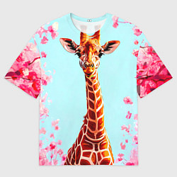 Футболка оверсайз мужская Жираф в розовых кустах, цвет: 3D-принт
