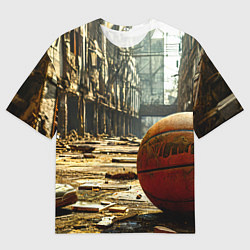 Футболка оверсайз мужская Баскетбольный мяч и город постапокалипсиса, цвет: 3D-принт