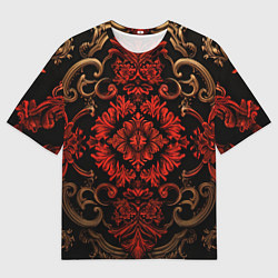 Мужская футболка оверсайз Красные классические узоры на черном фоне