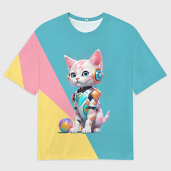 Футболка оверсайз мужская Кибер котёнок с мячиком - милашка, цвет: 3D-принт
