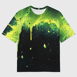 Футболка оверсайз мужская Зеленая стекающая краска по черному фону, цвет: 3D-принт
