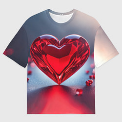 Мужская футболка оверсайз Хрустальное красное сердце на сером фоне с боке