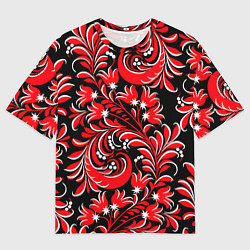 Мужская футболка оверсайз Хохлома - красная роспись
