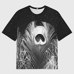 Футболка оверсайз мужская Изогнутые белые перья павлина - чб иллюстрация, цвет: 3D-принт