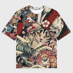 Мужская футболка оверсайз Котики и рыбки в сакуре