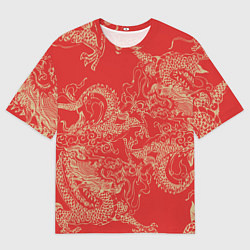 Мужская футболка оверсайз Золотые драконы на красном