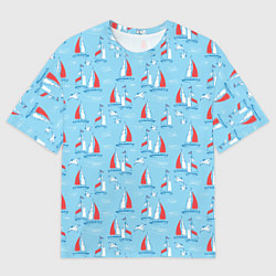 Мужская футболка оверсайз Морской паттерн с парусными лодками и чайками