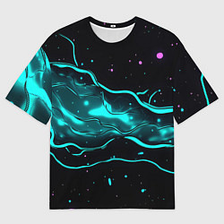 Мужская футболка оверсайз Голубые неоновые волны текстура
