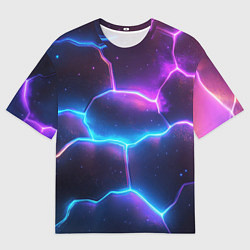Мужская футболка оверсайз Синие и фиолетовые молнии в разломе