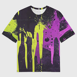 Мужская футболка оверсайз Желтая и фиолетовая краска на черном