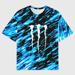 Мужская футболка оверсайз Monster energy штрихи голубых неоновых красок
