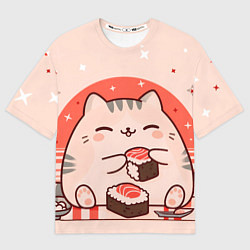 Футболка оверсайз мужская Милый кот ест суши, цвет: 3D-принт