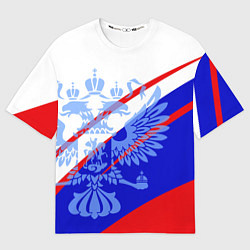 Мужская футболка оверсайз Герб на фоне цветов флага бело-сине-красный