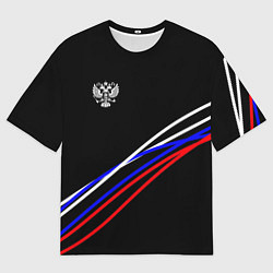 Мужская футболка оверсайз Герб и полосы цветов флага на чёрном