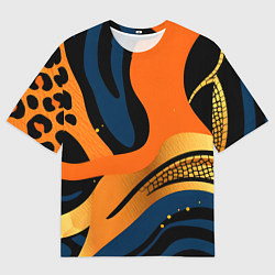 Футболка оверсайз мужская Леопардовый с синим и оранжевым, цвет: 3D-принт