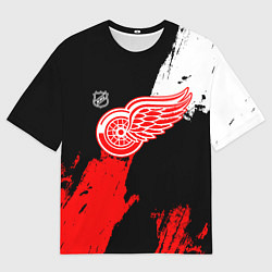 Футболка оверсайз мужская Детройт Ред Уингз - брызги краска на черном фоне, цвет: 3D-принт
