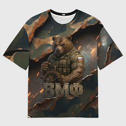 Футболка оверсайз мужская ВМФ медведь у штурвала на фоне камуфляжа, цвет: 3D-принт