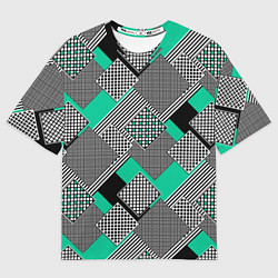 Мужская футболка оверсайз Черно бирюзовая абстрактная геометрия пэчворк