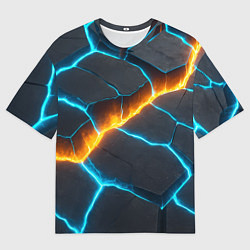 Мужская футболка оверсайз Оранжевая лава из синих неоновых плит