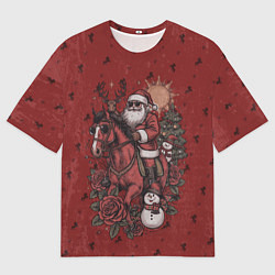 Мужская футболка оверсайз Санта Клаус на красном коне верхом