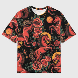 Мужская футболка оверсайз Красная лошадь с розами