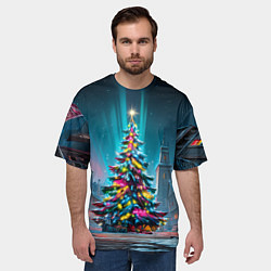 Футболка оверсайз мужская Новогодняя елка в гирляндах, цвет: 3D-принт — фото 2