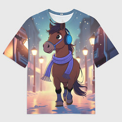 Футболка оверсайз мужская Лошадка в шарфе и наушниках, цвет: 3D-принт