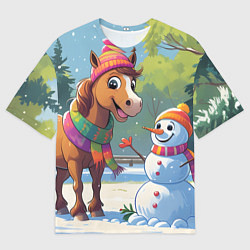 Футболка оверсайз мужская Лошадка и снеговик, цвет: 3D-принт